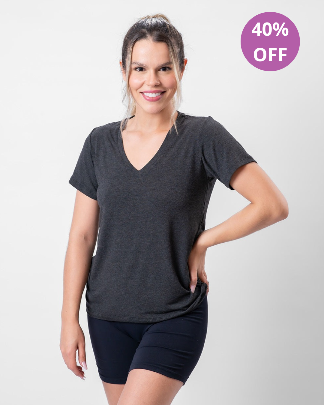 Tech T-Shirt Modal Feminina Gola V Cinza Escuro/Mescla