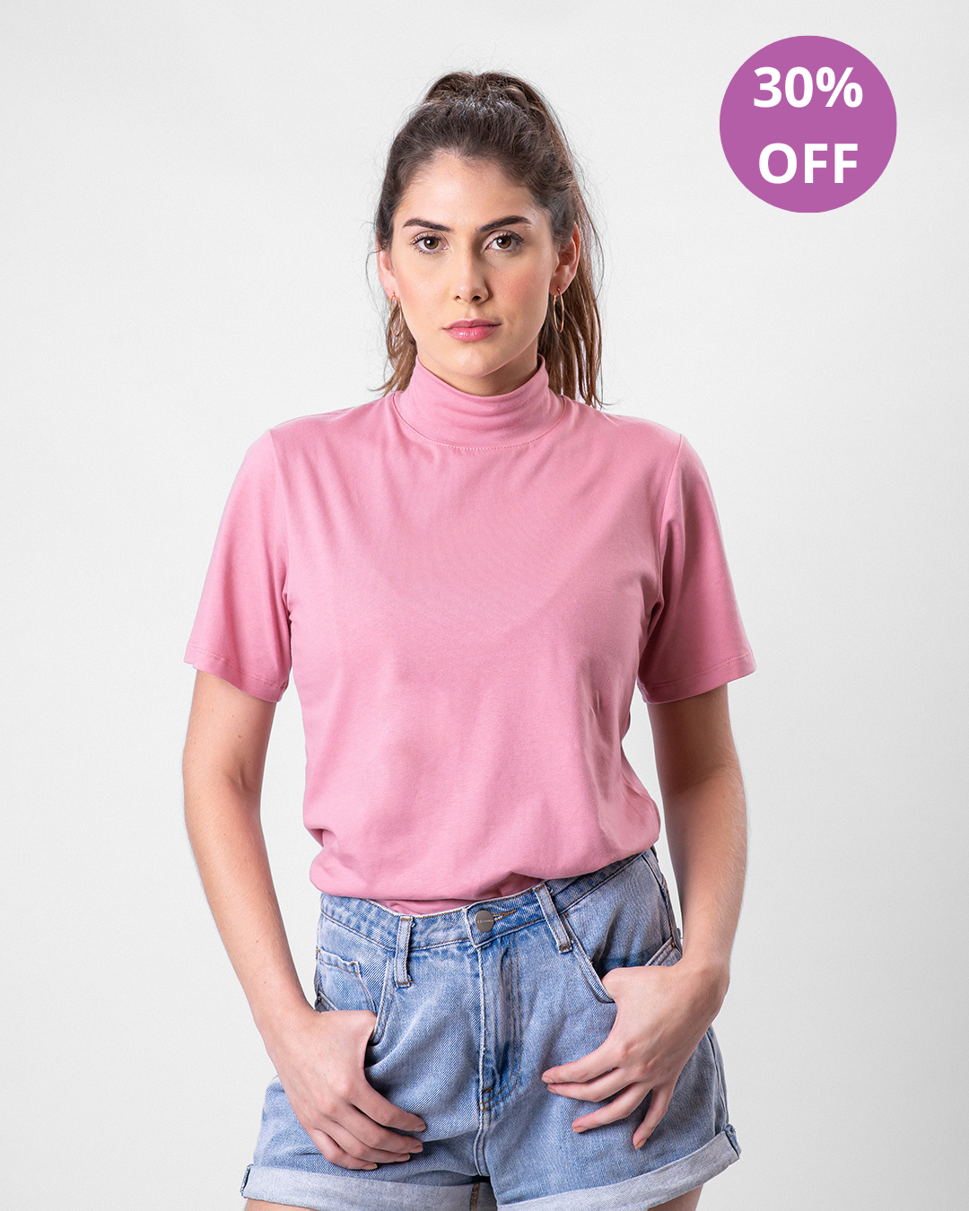 Camiseta de Algodão Premium Gola Alta Rosa