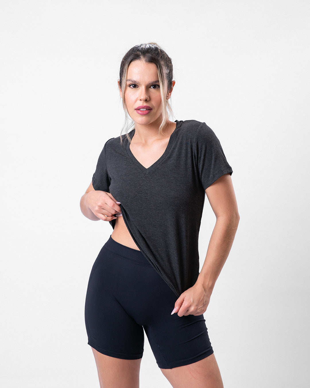 Tech T-Shirt Modal Feminina Gola V Cinza Escuro/Mescla