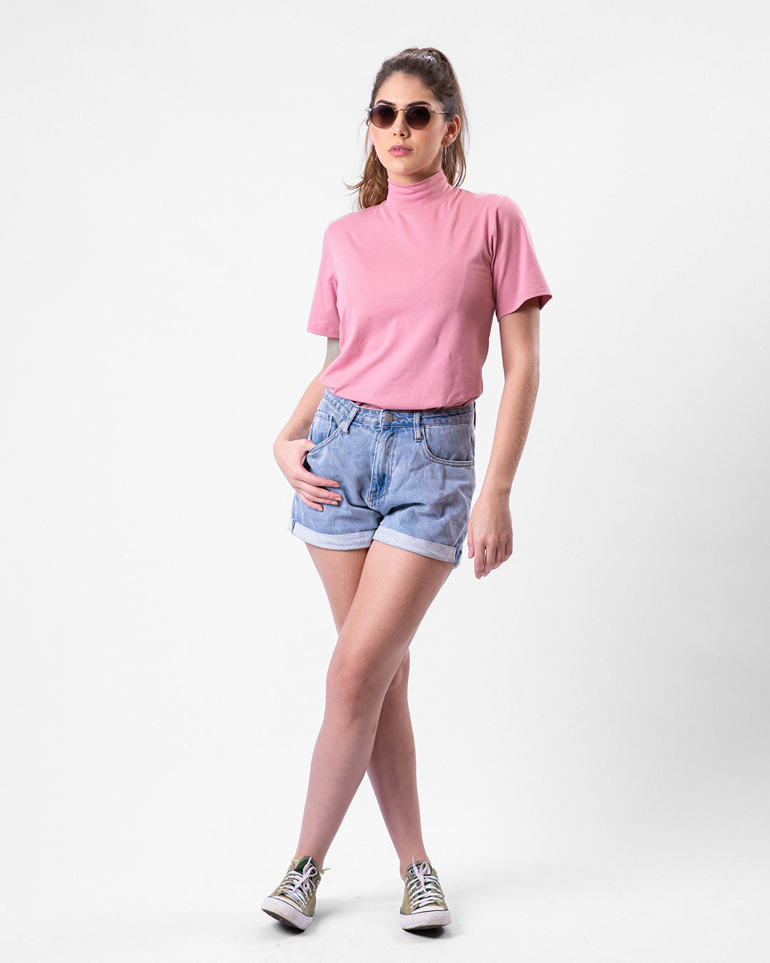 Camiseta de Algodão Premium Gola Alta Rosa