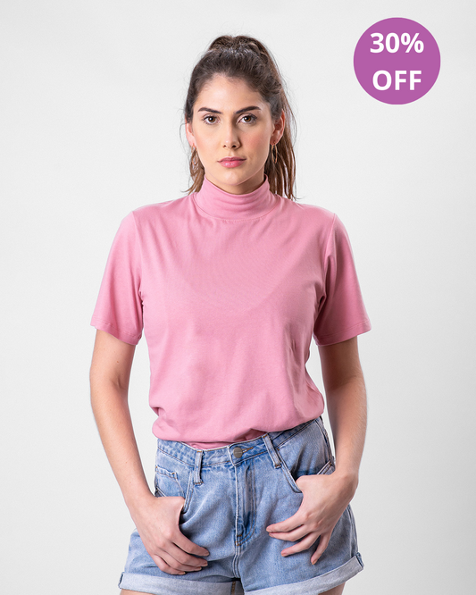 Camiseta de Algodão Premium Gola Alta Rosa