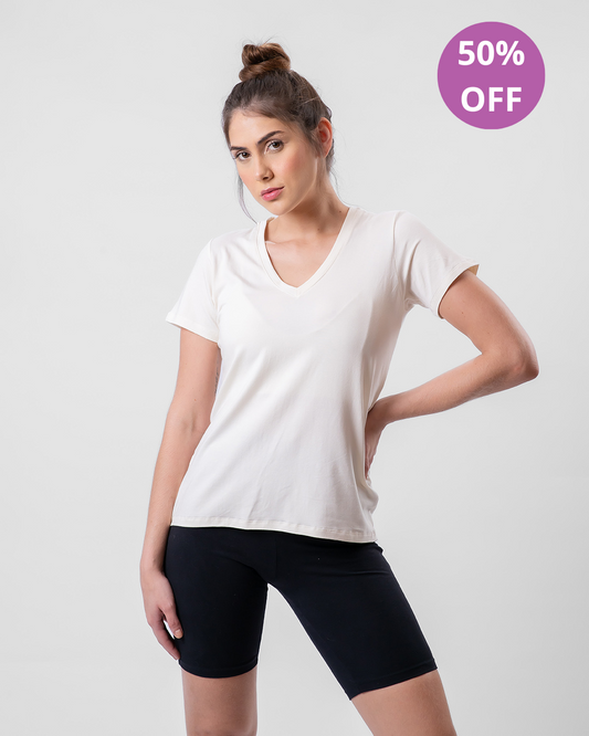 Tech T-Shirt Modal Feminina Gola V Off-White