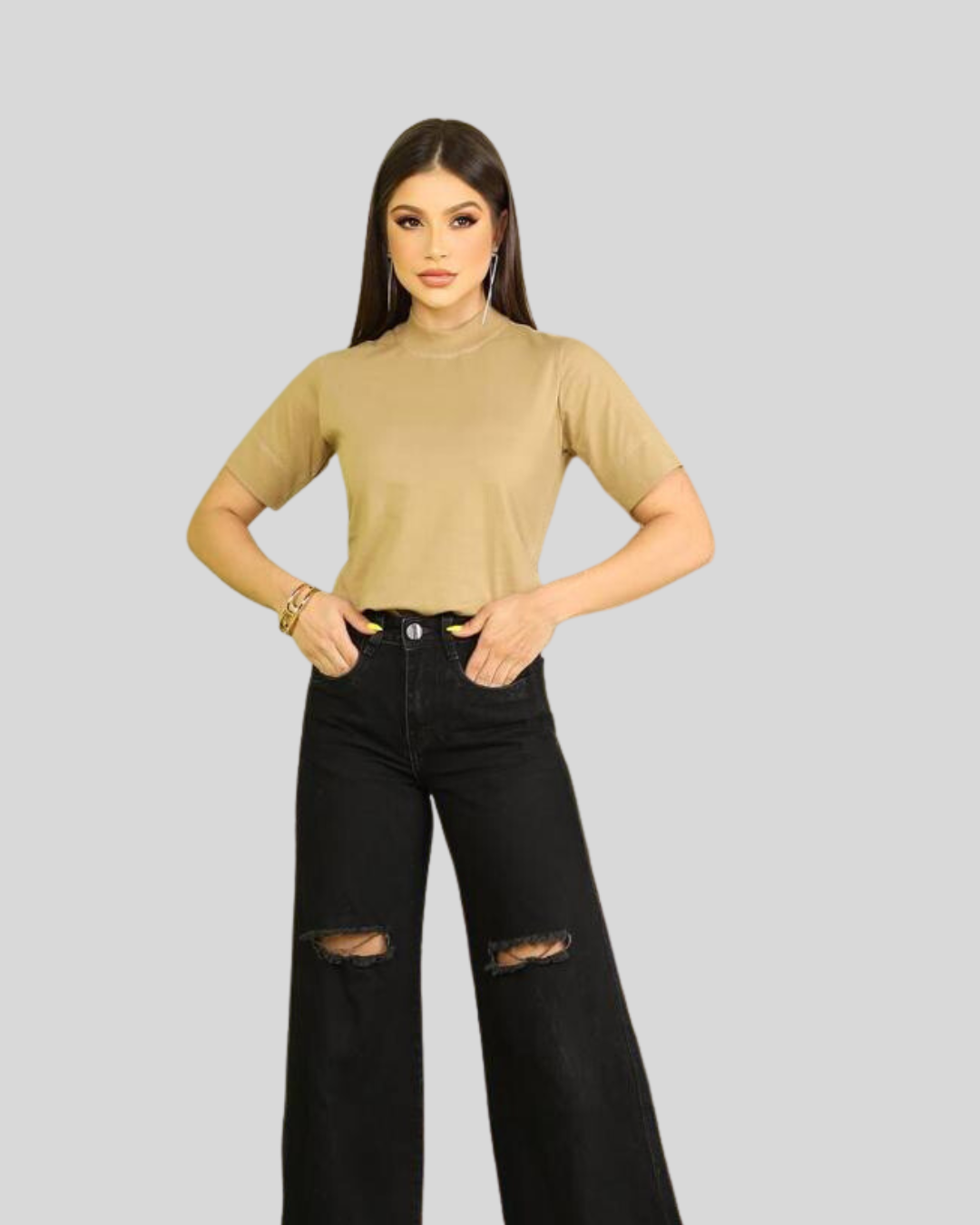 Camiseta Slim Gola Alta Nude