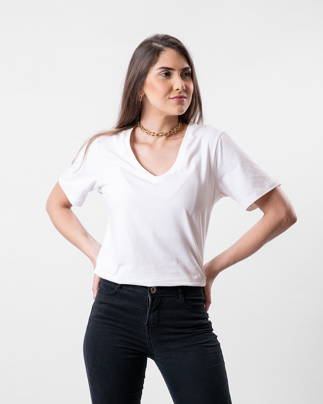 Camiseta de Algodão Premium Gola V Off-White